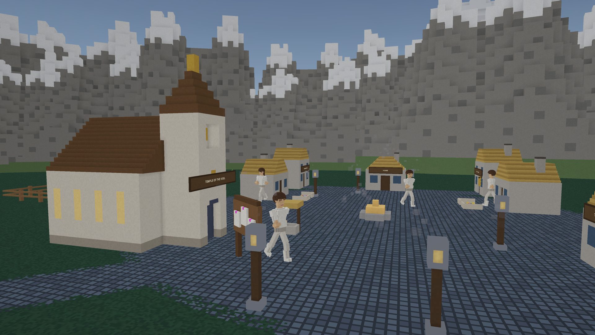 The Cradle village square on a clear morning, schoolhouse and market stalls under a lit sky