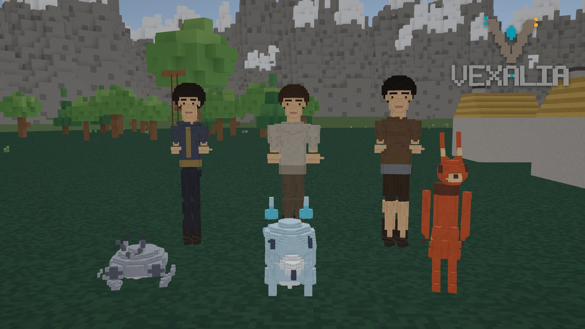 Three characters standing together in a meadow, each with a Vex companion beside them