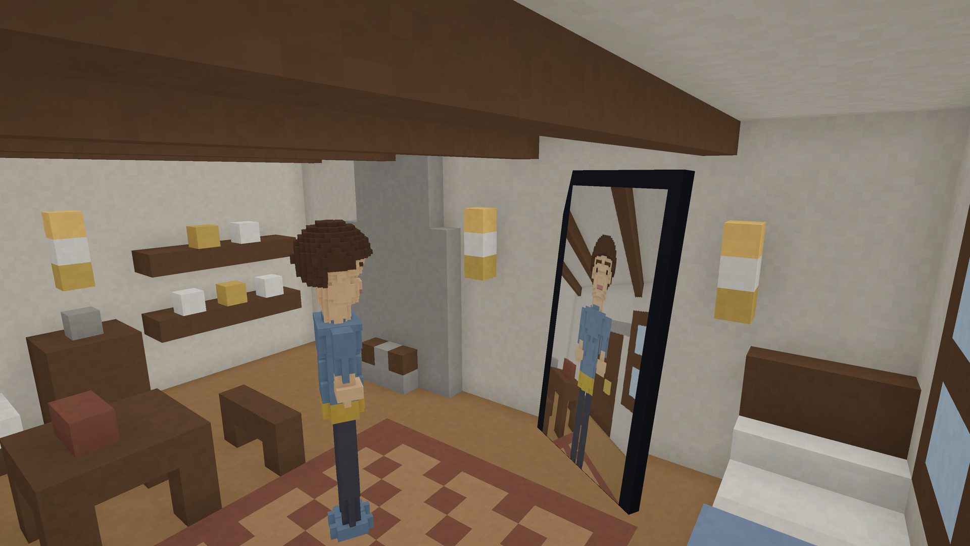 A character facing their own reflection in the mirror room