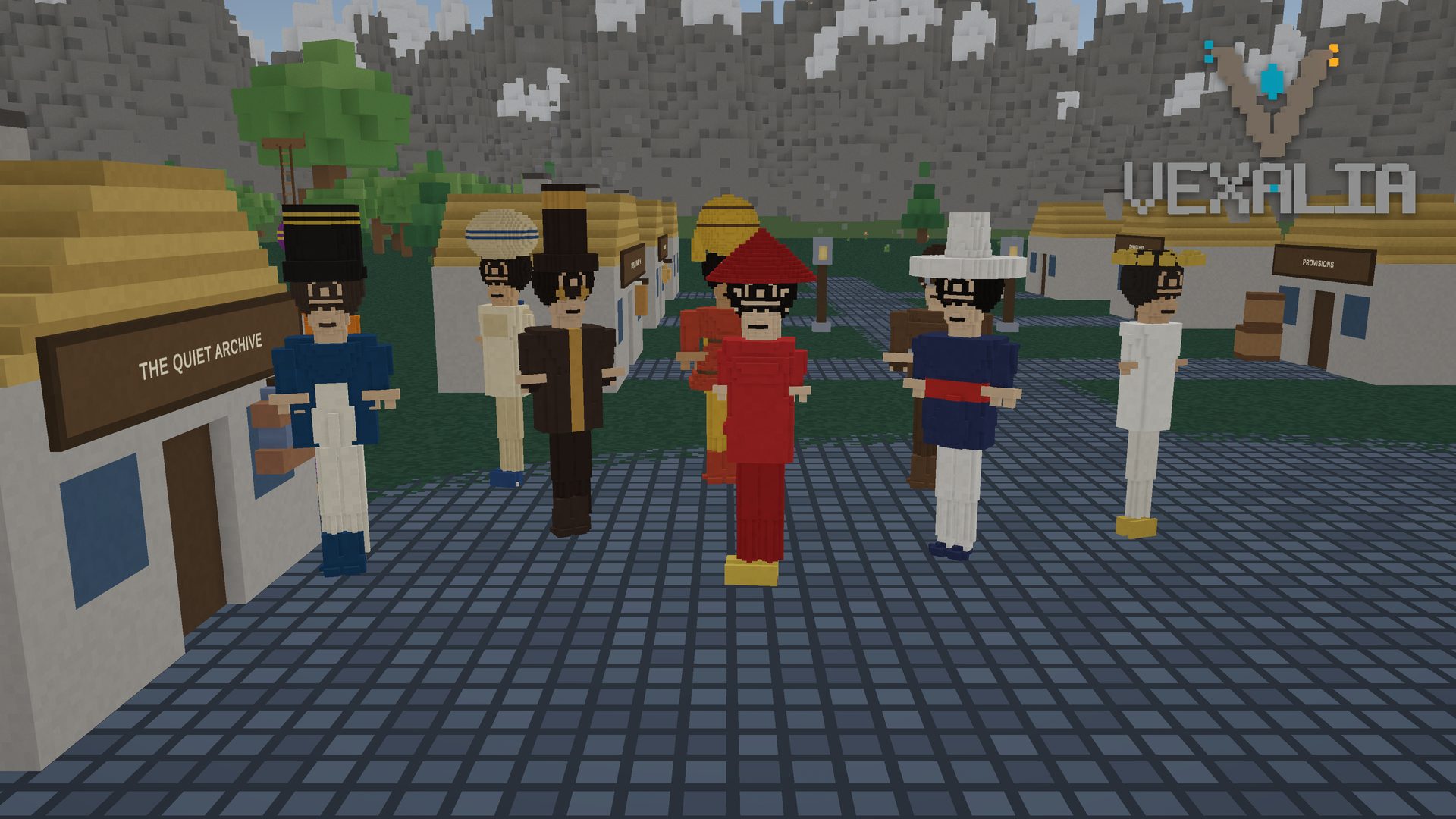 Five characters in different nation colors gathered on a village street outside the shops